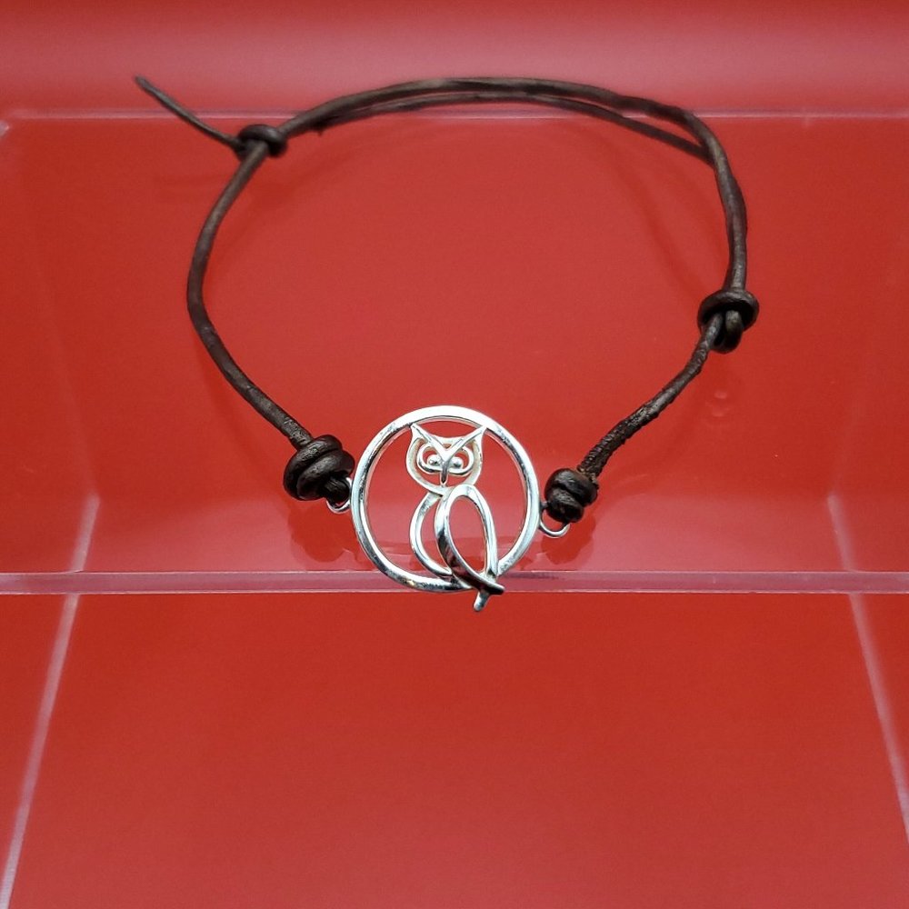 7 Inch 925 Sterling Silver & Leather Cute Owl Bracelet